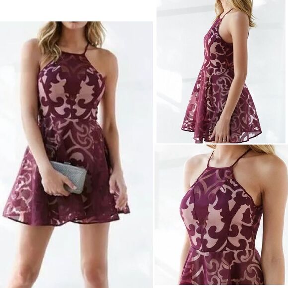 KEEPSAKE Bordeaux Romantic Rebel Burnout Skater Dress-L NWT - Picture 1 of 10
